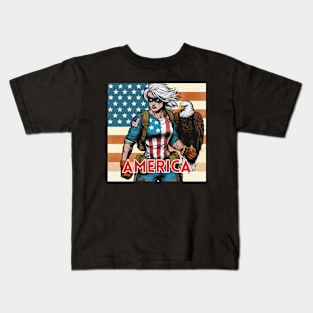 America Female Gritty 80s Comic Book Superhero Patriotic USA Kids T-Shirt